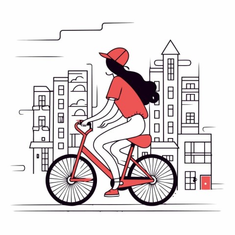 Vector illustration of a girl riding a bicycle in the city. The