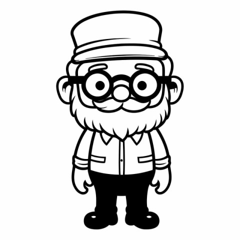 Black and White Cartoon Illustration of Cute Old Man with Glasse