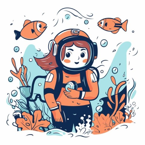 Cute little girl in a diving suit and helmet.