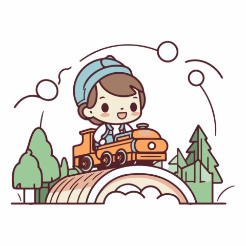 Cute boy driving a toy train in the park.