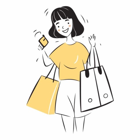 Young happy woman with shopping bags and mobile phone.