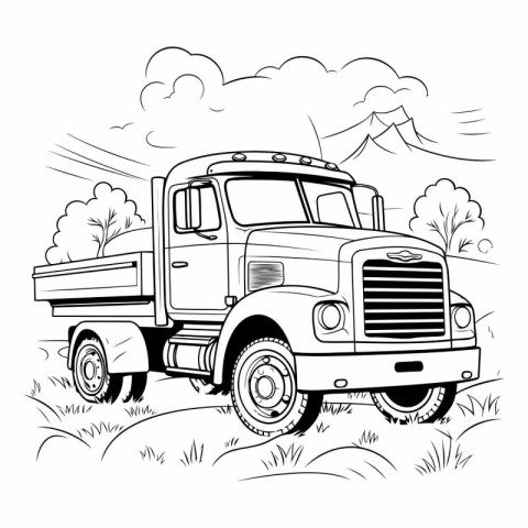 Pickup truck in the field on white background.