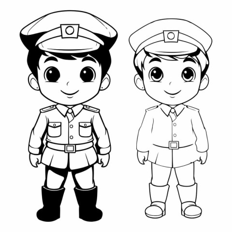 Coloring book of boy and girl in police uniform on white backgro