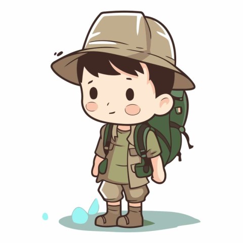 Explorer boy wearing a hat and backpack on white background.