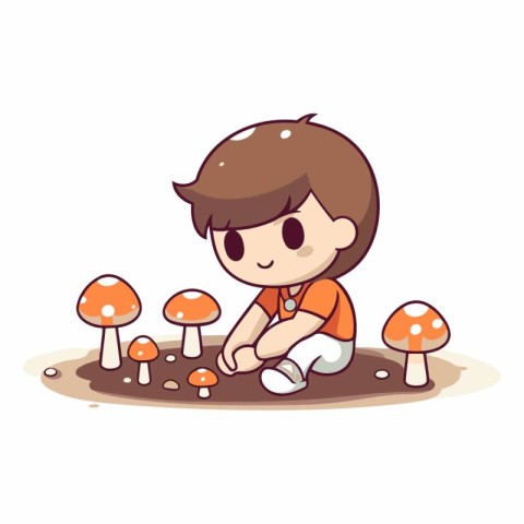 Cute little boy playing with mushrooms. Isolated on white backgr