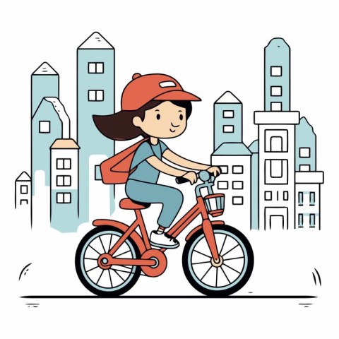 Kid riding a bike in the city in cartoon style.