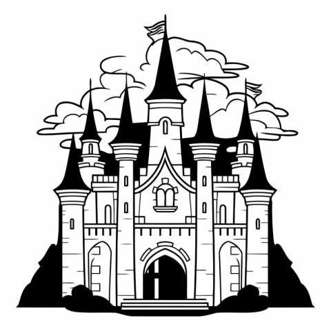 Castle in the style of a fairy tale. Black and white vector illu