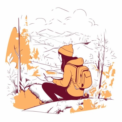 Vector illustration of a girl with a backpack sitting in the for