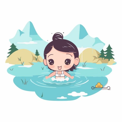 Cute little girl swimming in the river. cartoon vector illustrat