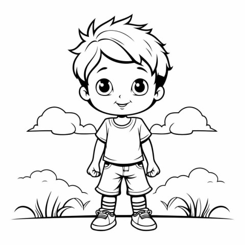 Cute little boy cartoon in the park. Black and white vector illu