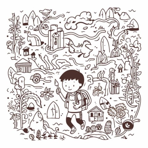 Hand drawn doodle illustration of children and nature