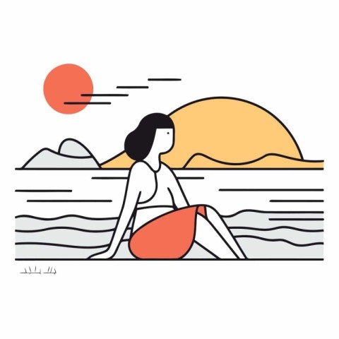 Vector illustration of a woman in a swimsuit on the beach. Flat