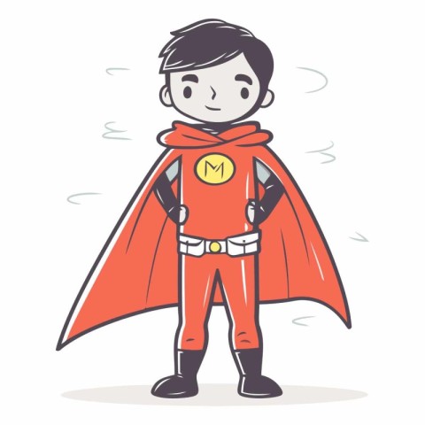 Superhero boy with red cape. Cute hand drawn vector illustration