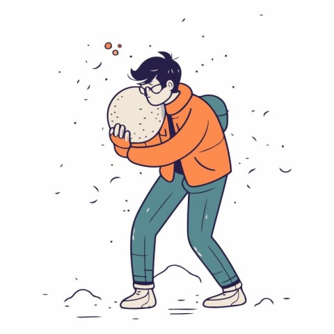 Vector illustration of a man holding a big snowball in his hands