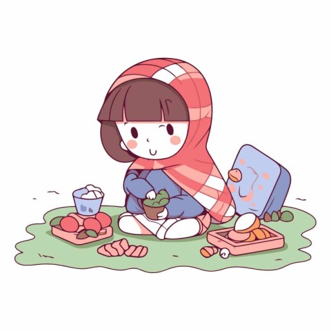 Illustration of a Cute Kid Girl Sitting on the Grass and Eating