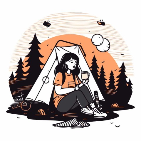 Young woman sitting near her tent in the forest.