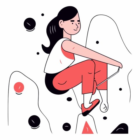 Vector illustration of girl climbing up the mountain. flat style