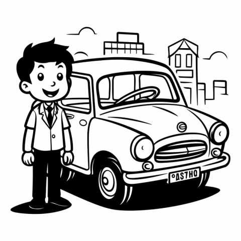 Man with a car on the street. Black and white illustration.