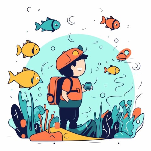 Vector Illustration of a Boy Hiking with a Backpack and Fish