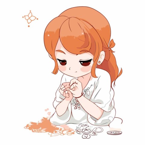 Illustration of a little red-haired girl praying with her eyes c