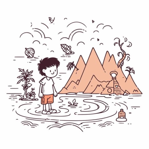 Vector illustration of a little boy playing at the beach. surrou