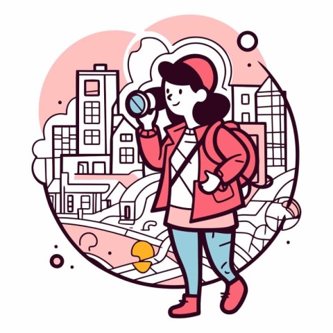 Tourist girl with camera in line art style.