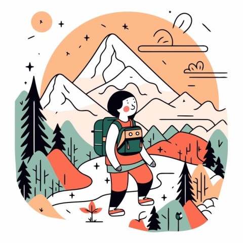 Vector illustration of a girl with a backpack hiking through the