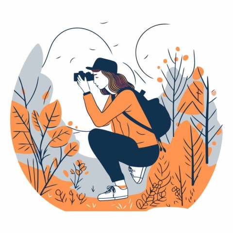 Vector illustration of a girl with a camera in the autumn forest