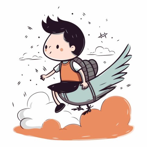 Boy flying in the sky with a backpack. Vector cartoon illustrati