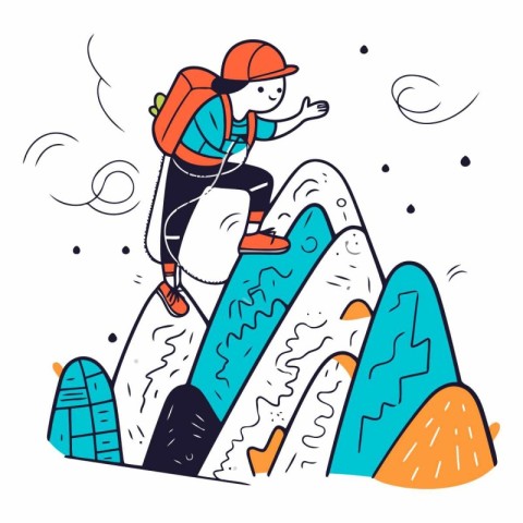 Vector hand drawn illustration of a man climbing a mountain. Iso