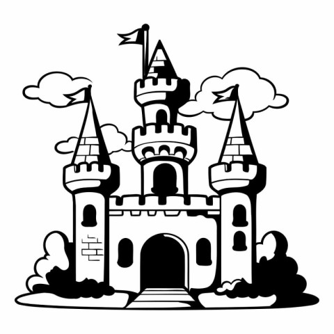 Fairytale castle. Black and white vector illustration for colori