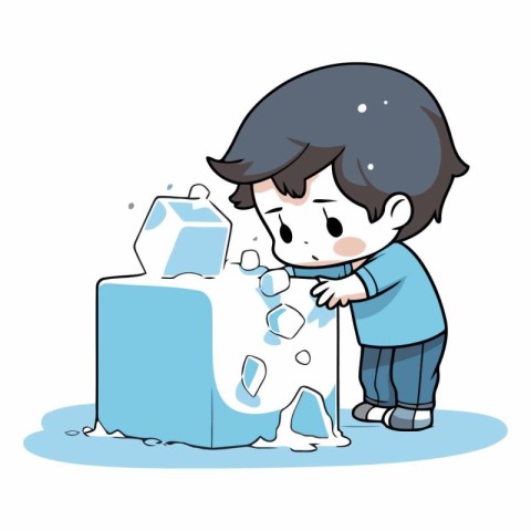 boy sculpting ice cube with sand in cartoon style