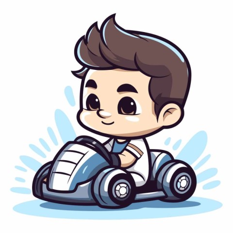 Cute boy driving a kart. Vector cartoon character illustration.