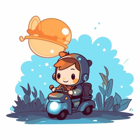 Cute little boy in space suit riding a motorcycle.