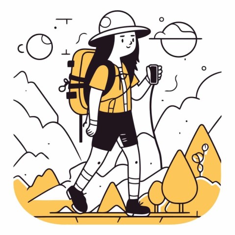 Vector illustration of a hiker with a backpack and a cup of coff