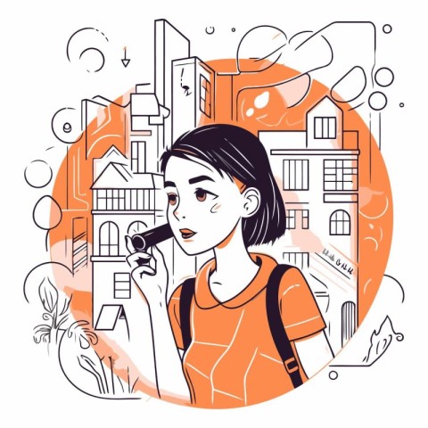 Vector illustration of a girl with a microphone on the backgroun