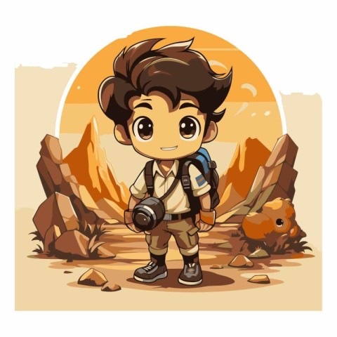 Hiking boy with backpack and binoculars in the desert illustrati