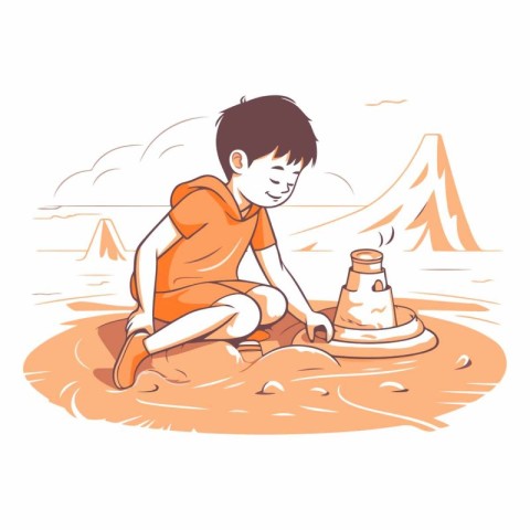 Boy sitting on the sand and making a campfire