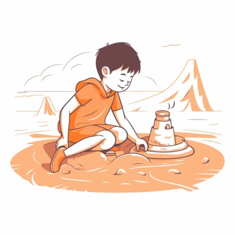 Boy sitting on the sand and making a campfire
