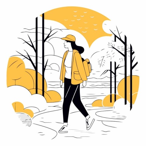 Vector illustration of a girl walking in the autumn park. Flat s