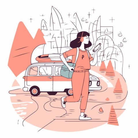 Vector illustration of a girl with a backpack and a map of the c