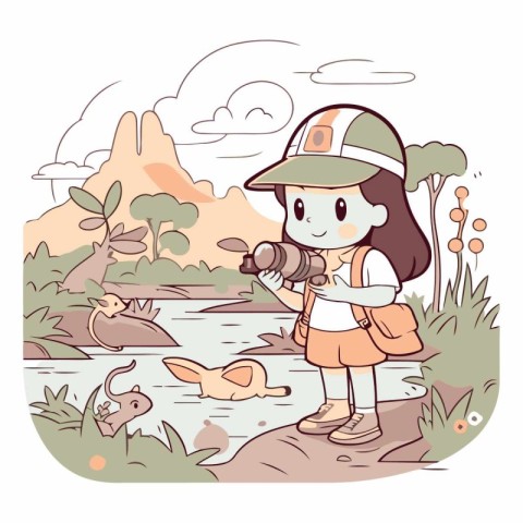 Girl with a camera at the river in cartoon style