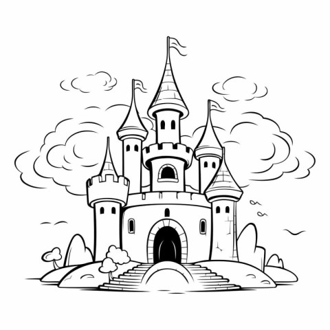 Fairytale castle. Fairy tale castle. Black and white vector illu