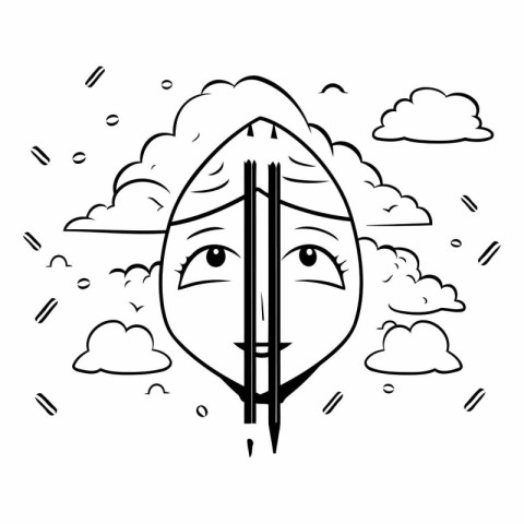 Black and white illustration of a man in the clouds with a penci