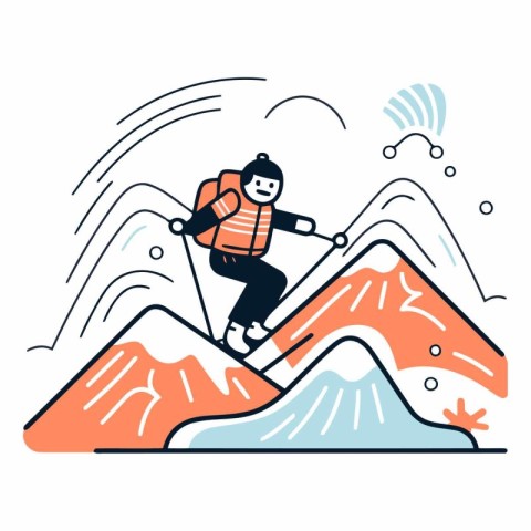 Vector illustration of a man skiing on a mountain. Flat line art