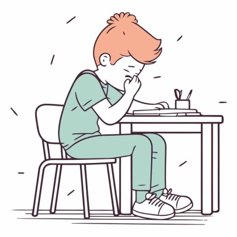 Illustration of a Sad Teenage Boy Sitting at the Table and Think