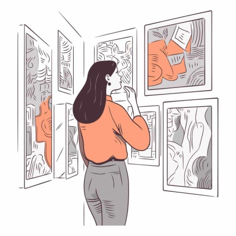 Woman looking at the paintings in art gallery. Vector hand drawn