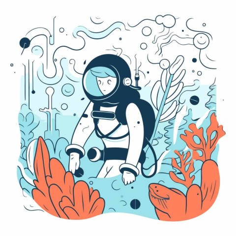 Vector illustration of a scuba diver in the sea with corals.