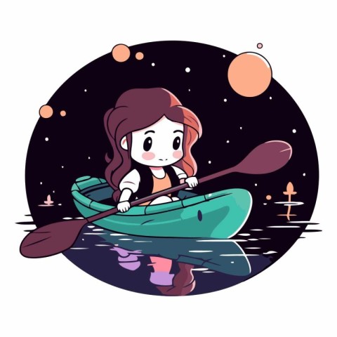 Cute little girl rowing a canoe. Vector cartoon illustration.