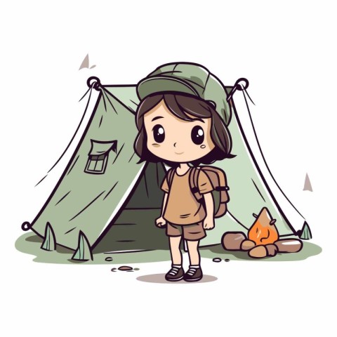 Illustration of a Little Girl Hiking Around the Camping Tent